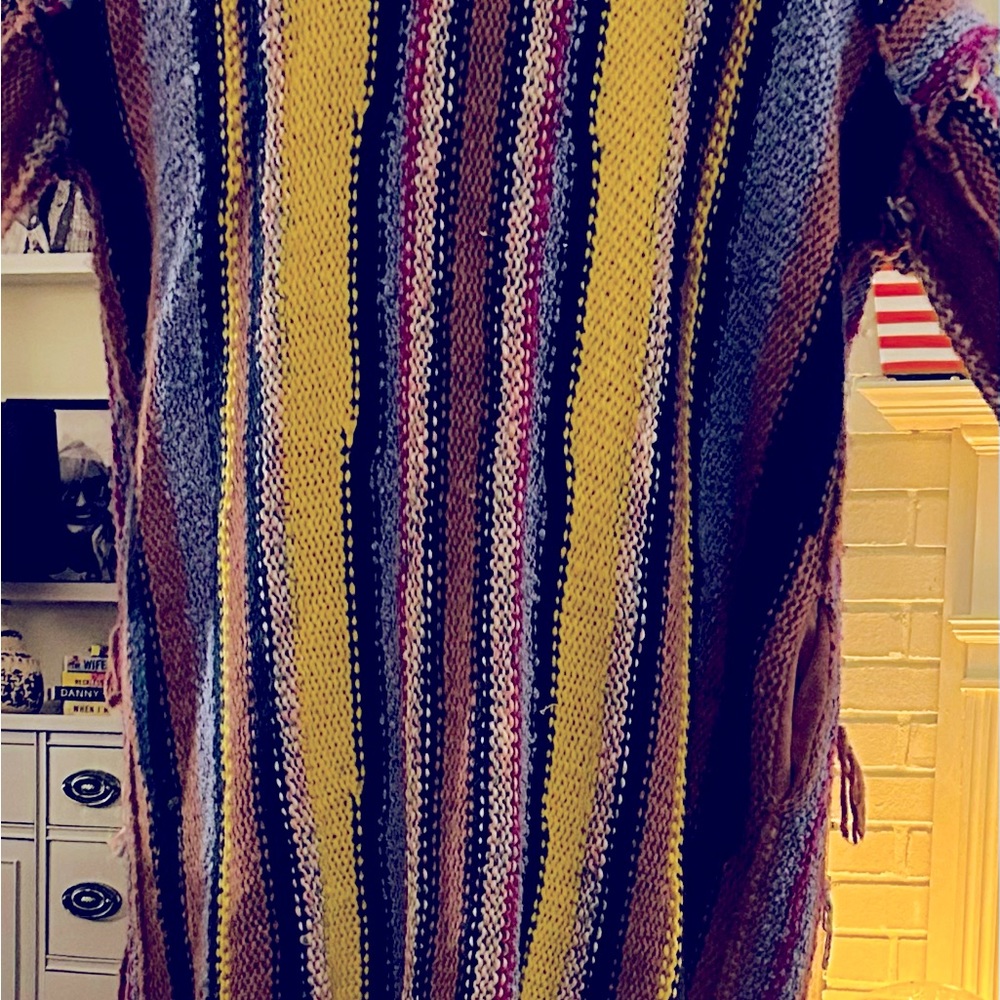 Anthropologie 2x long cardigan sweater - purple, yellow, periwinkle.